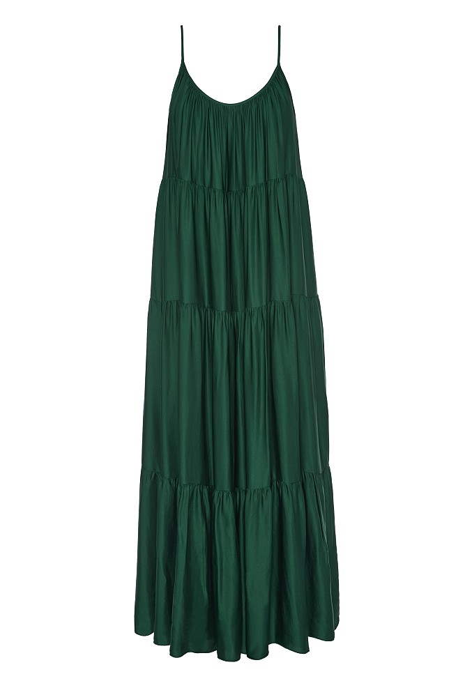 Maxi satin-look dress with ruffles