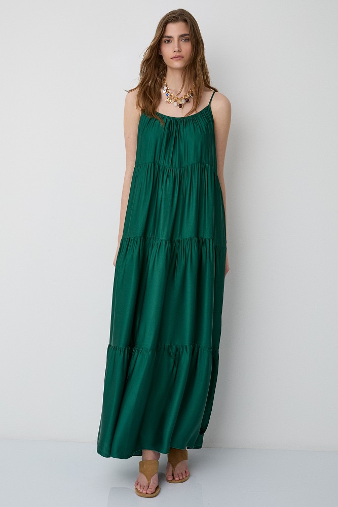 Maxi satin-look dress with ruffles