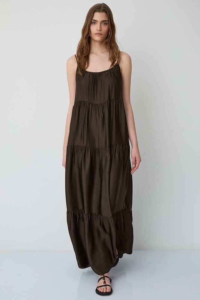 Maxi satin-look dress with ruffles