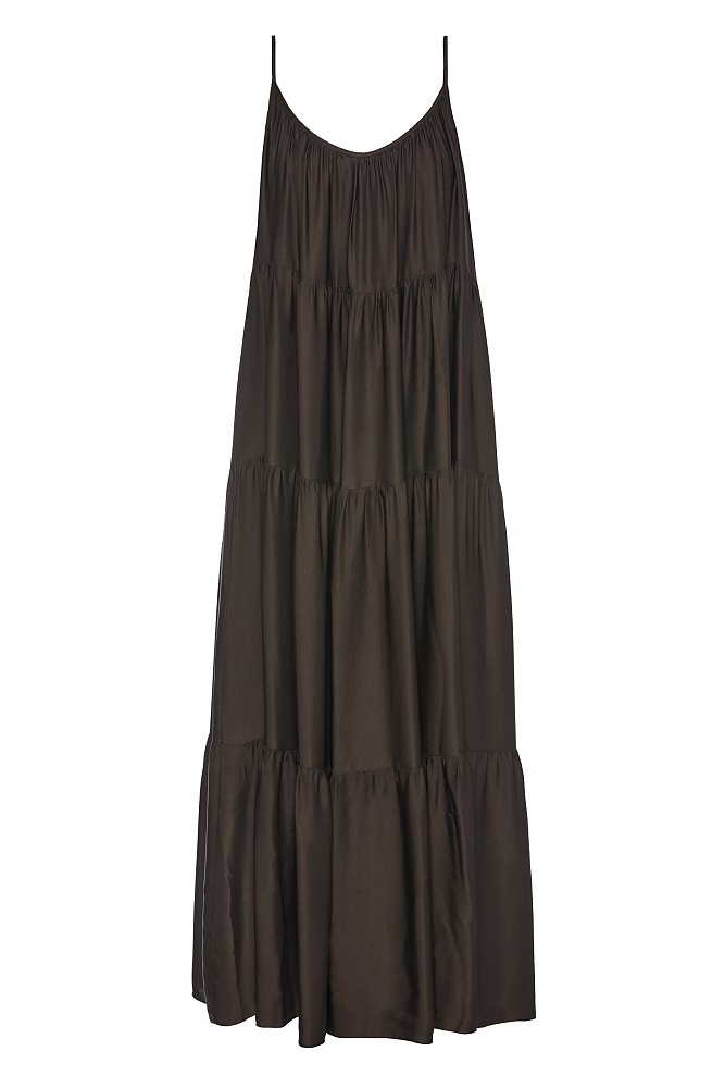 Maxi satin-look dress with ruffles