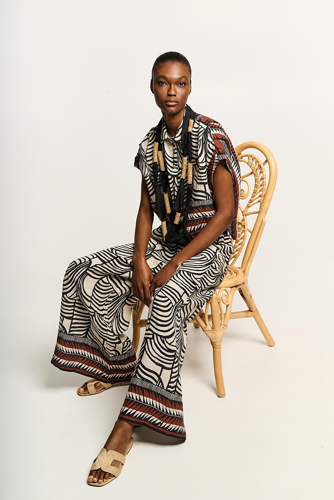 Printed linen wide-leg trouser