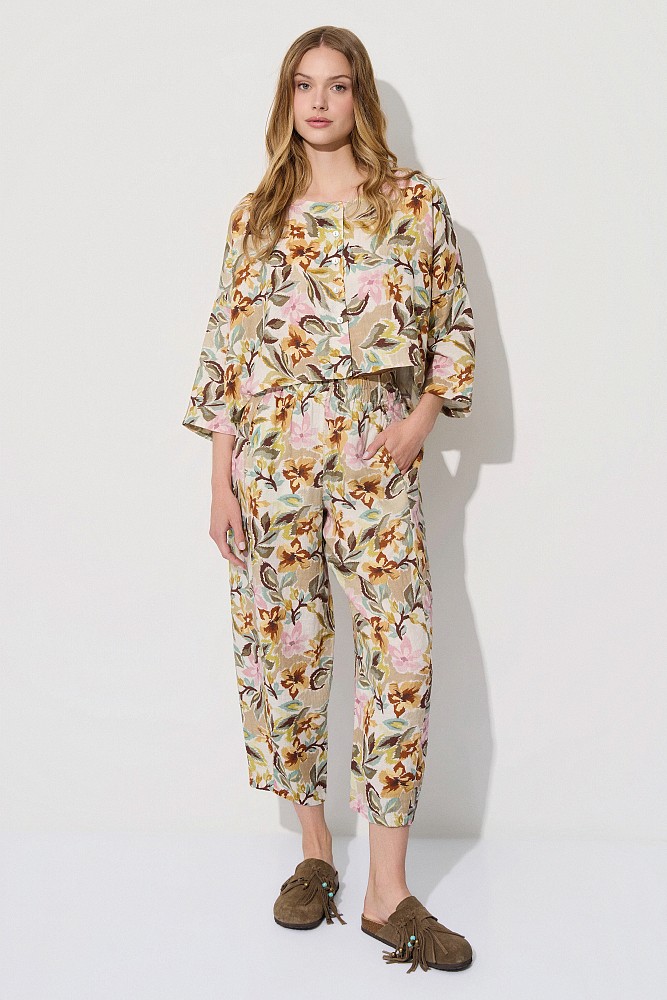 Pantalones de lino de cintura alta con estampados florales