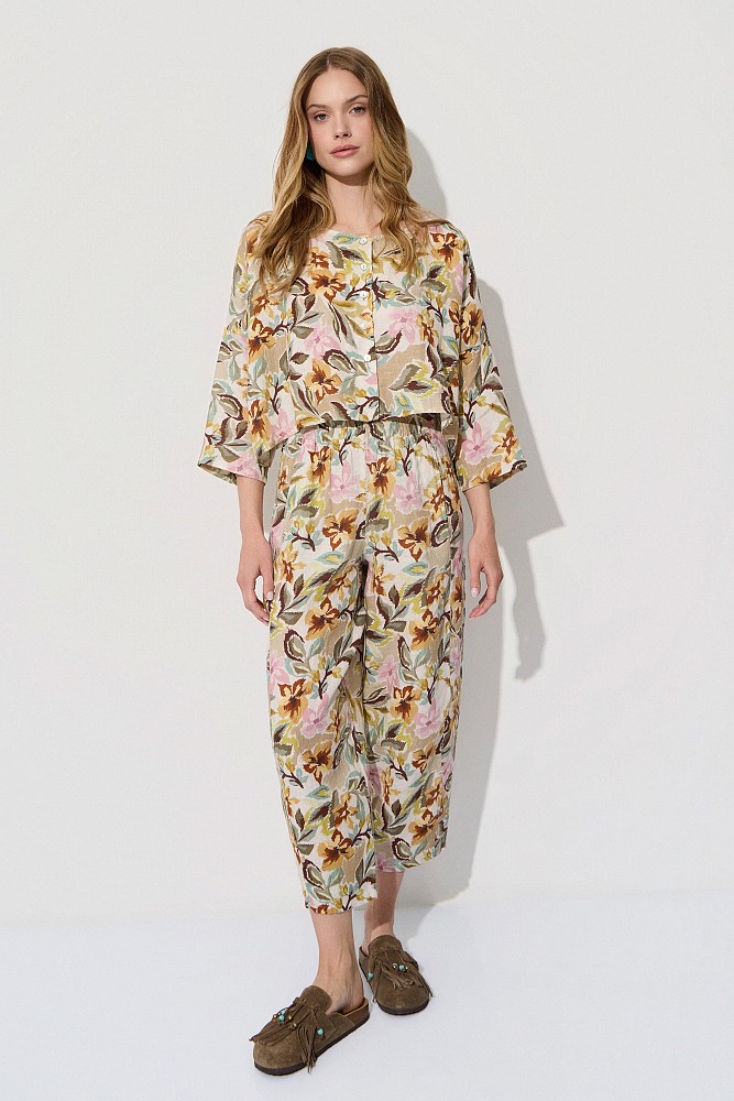 Pantalones de lino de cintura alta con estampados florales