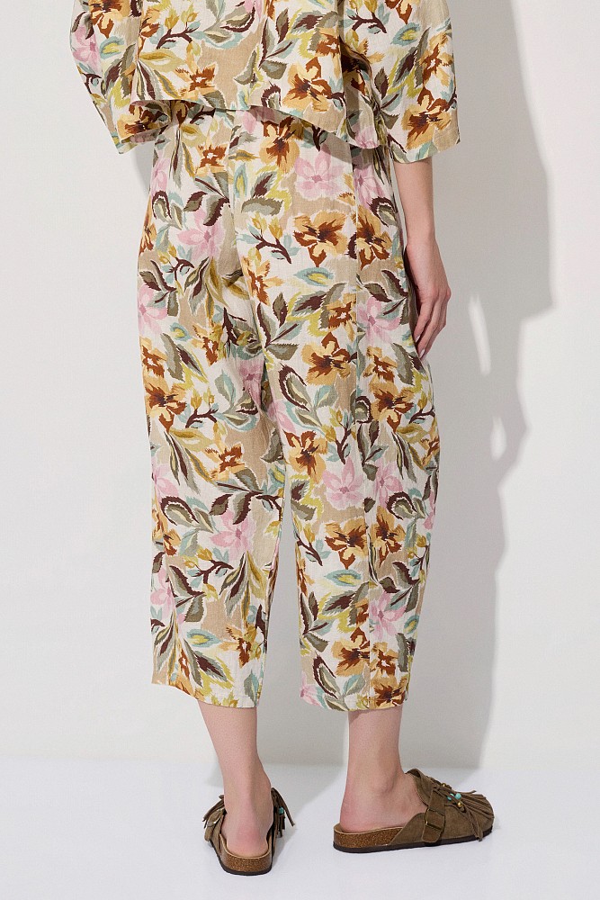 Pantalones de lino de cintura alta con estampados florales
