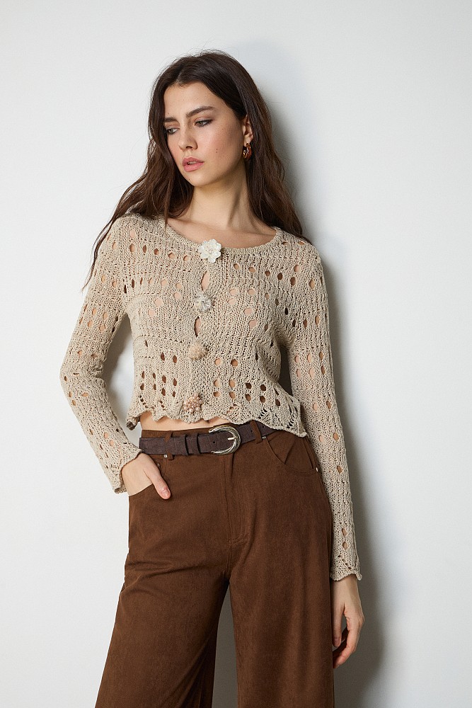 Cutwork knitted cardigan with jewel buttons