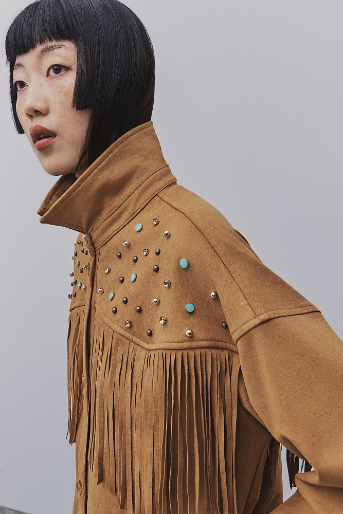 Suede overshirt with fringes and beads