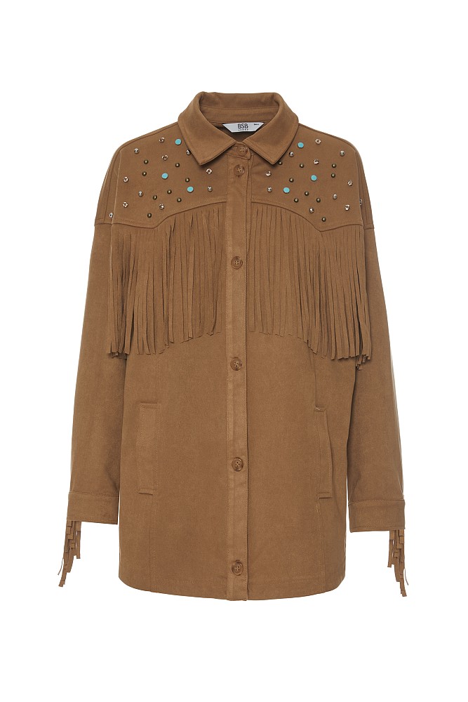 Suede overshirt with fringes and beads