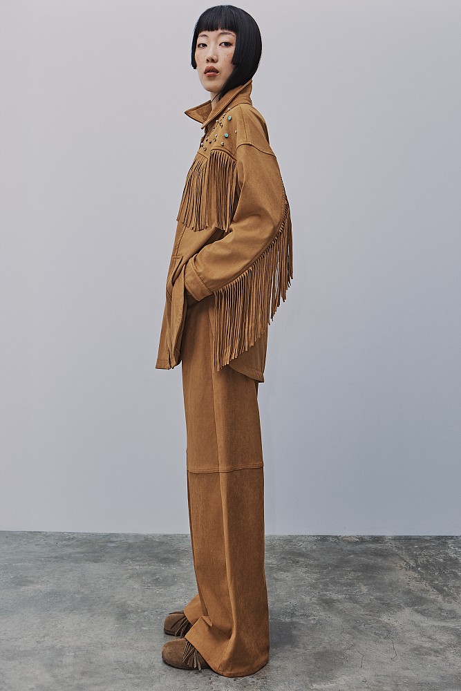 Suede overshirt with fringes and beads
