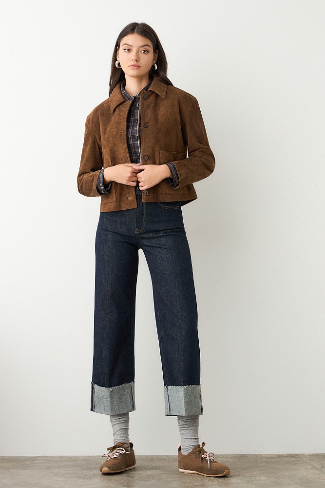 Suede bomber jacket with collar