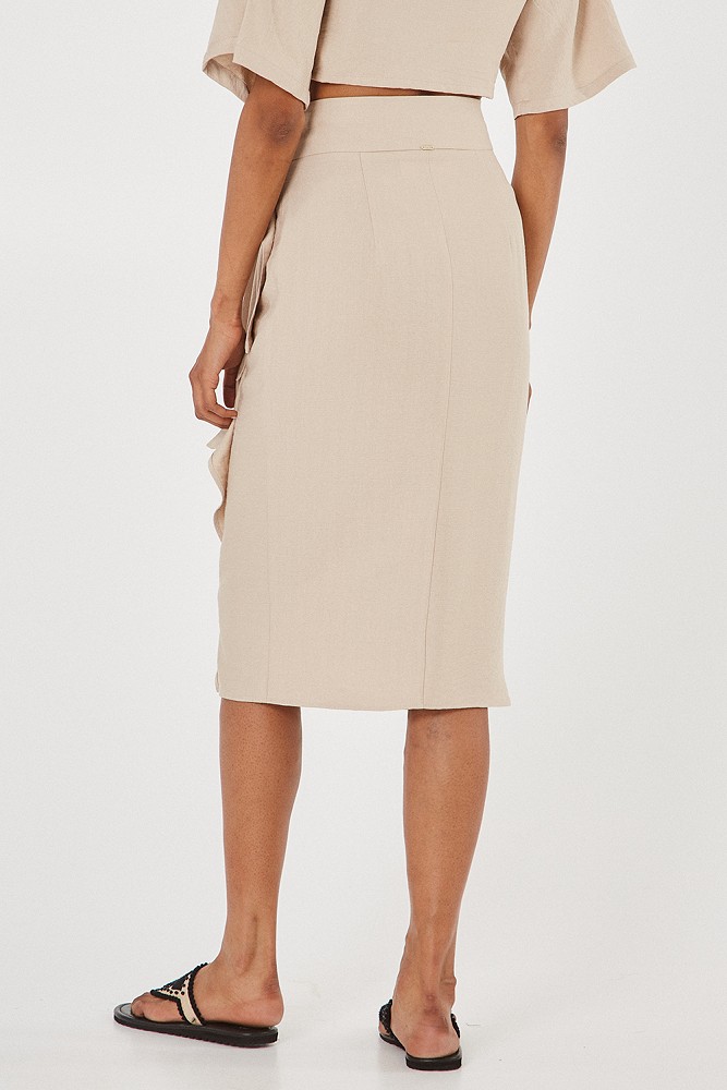 Wrap skirt with side self-tie fastening