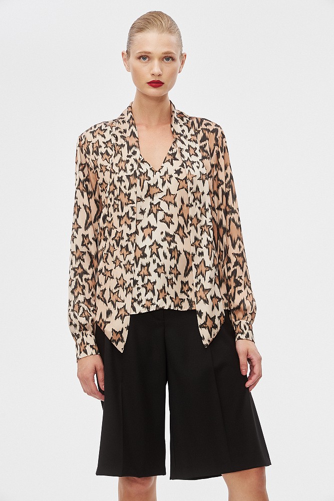 Printed blouse with self-tie fastening