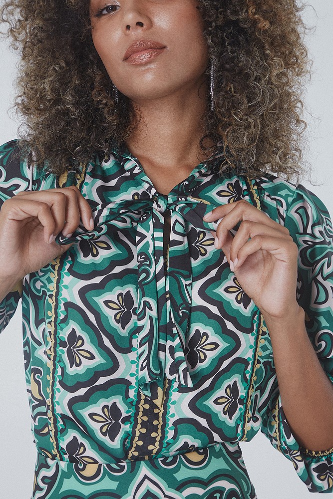 Printed blouse with self-tie fastening