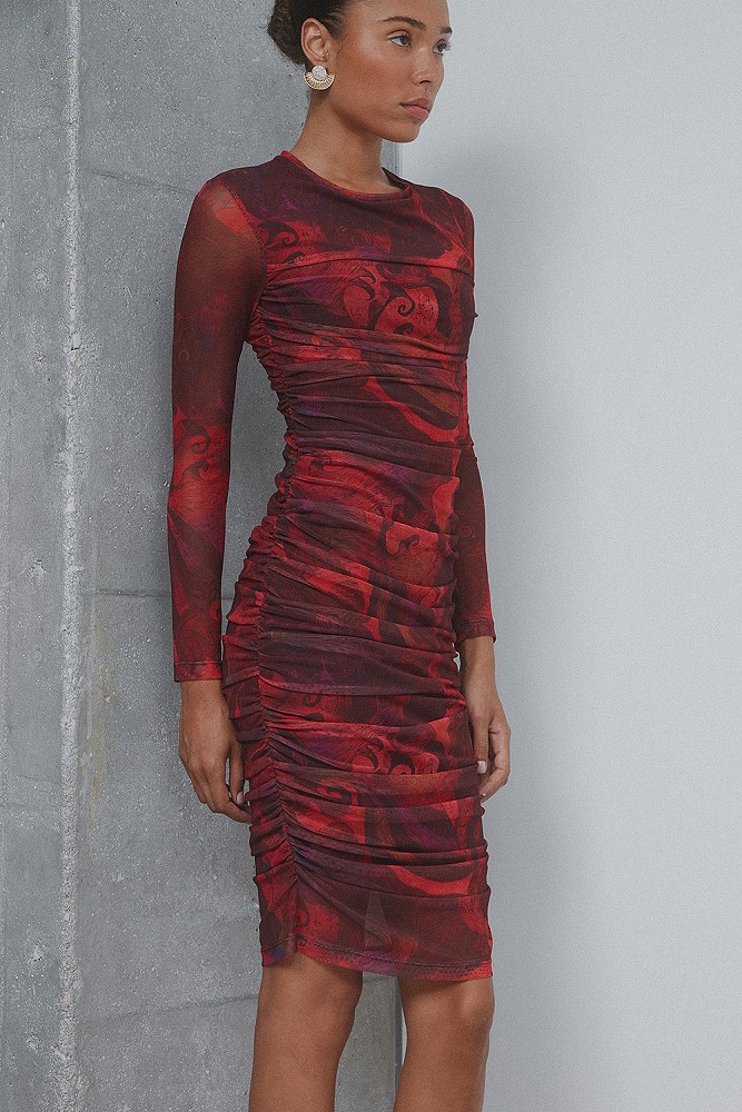 Midi printed dress with sheer design