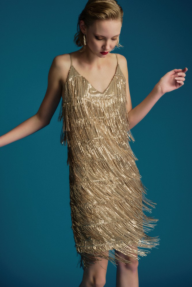 Mini shiny dress with fringes - Gold Label