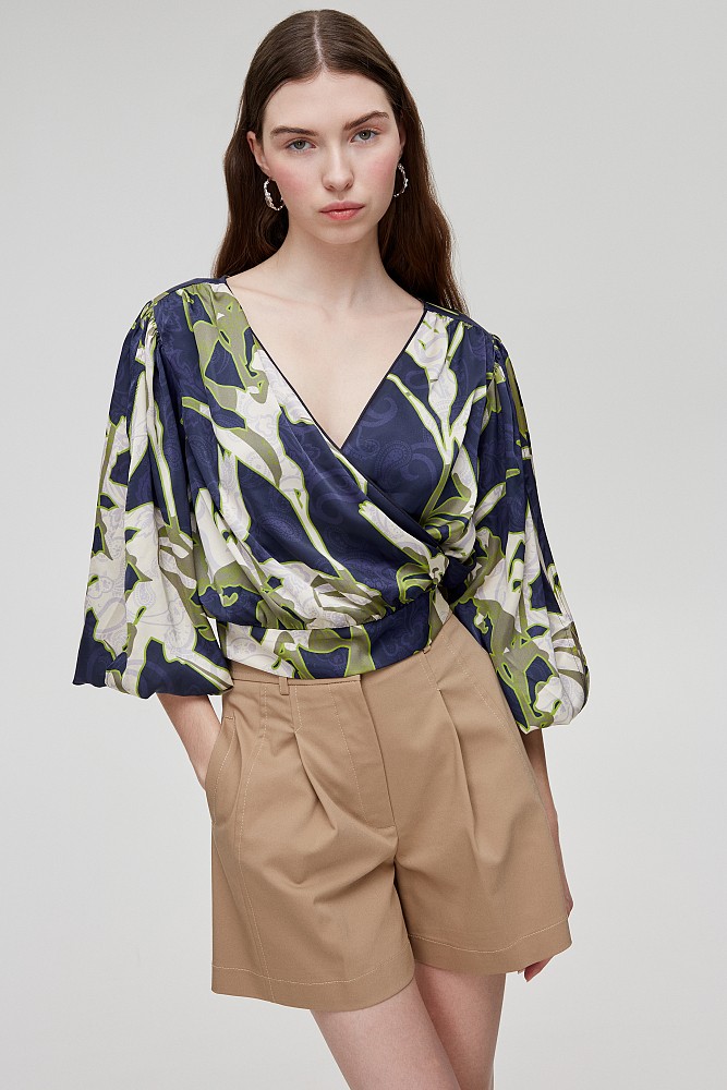 Wrap printed satin blouse