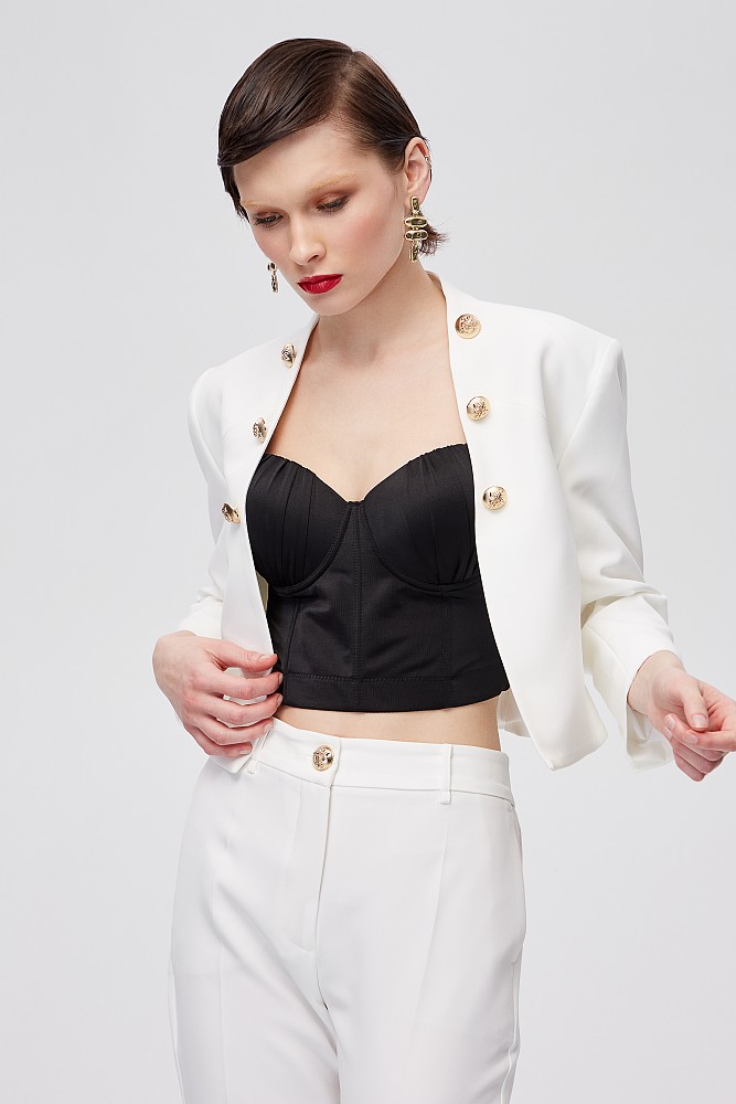 Crop blazer with bejeweled buttons