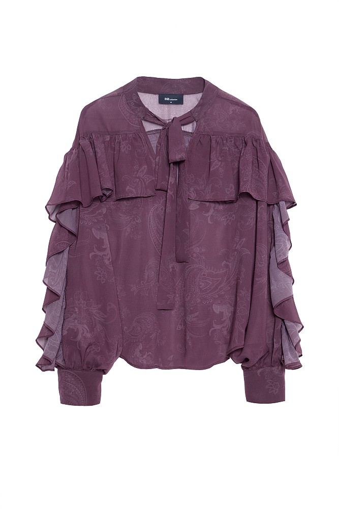 Long sleeves blouse with ruffles and self-tie