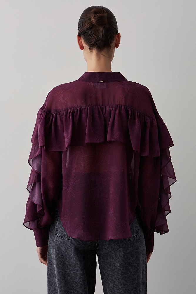 Long sleeves blouse with ruffles and self-tie