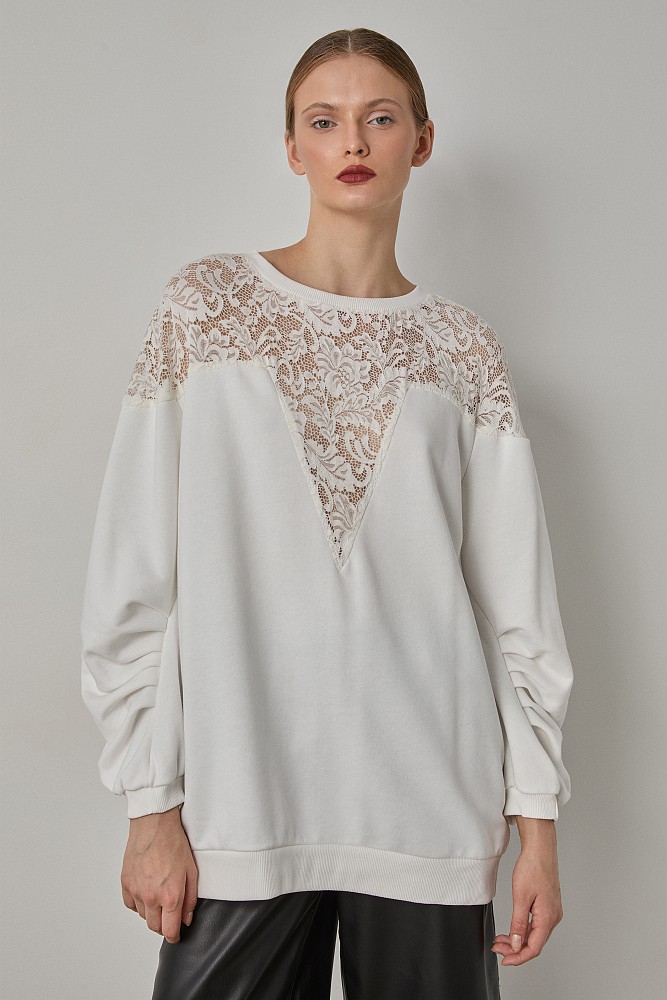 Longline sweater with lace and sheer