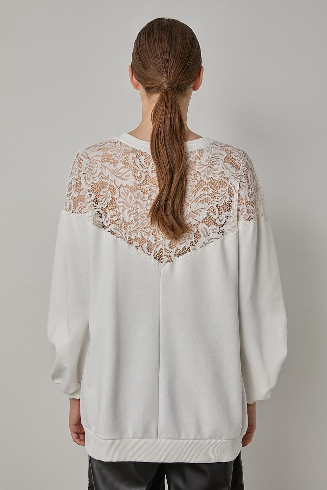 Longline sweater with lace and sheer