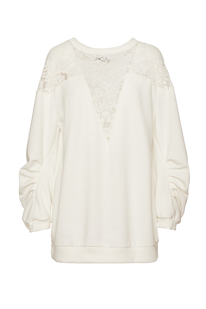 Longline sweater with lace and sheer