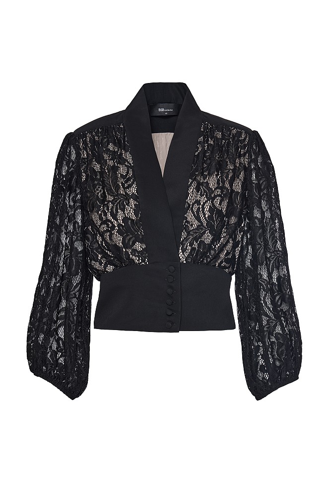 Tailored-waist long sleeves blouse with lace