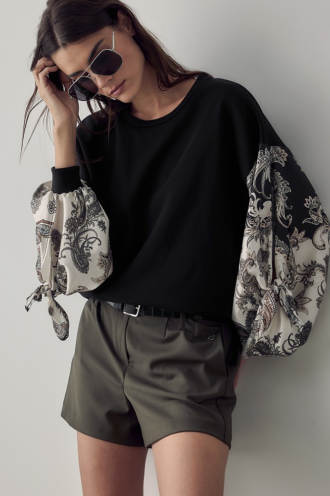 Sweater with printed satin sleeves