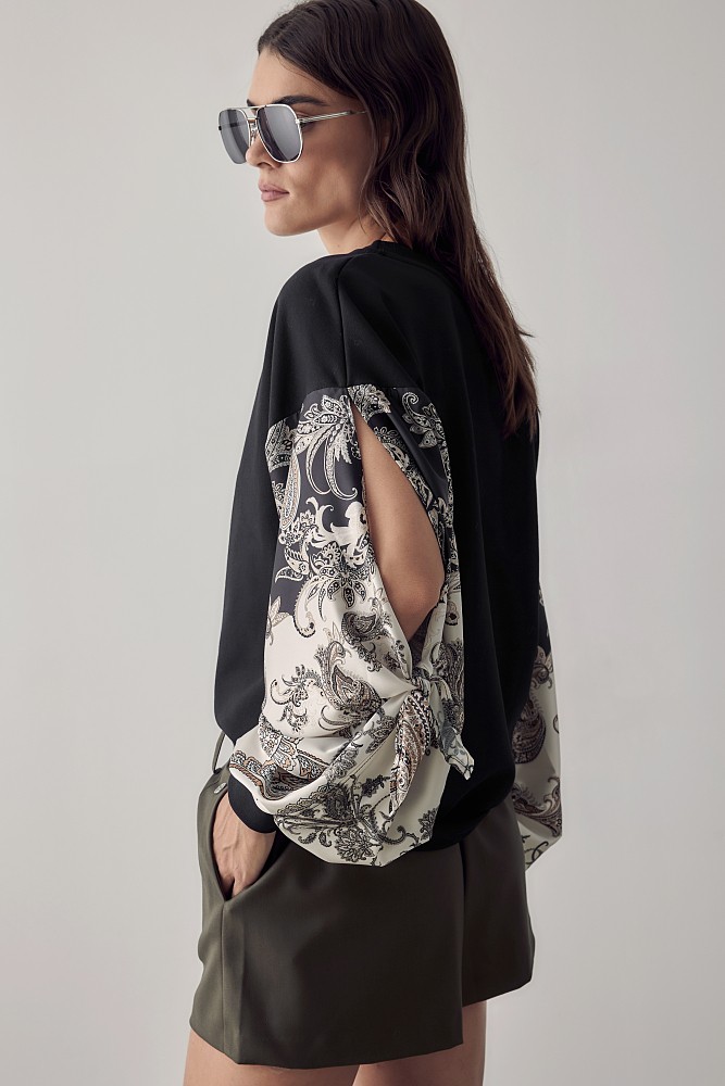 Sweater with printed satin sleeves