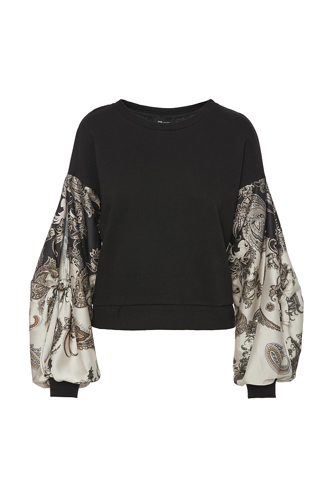 Sweater with printed satin sleeves