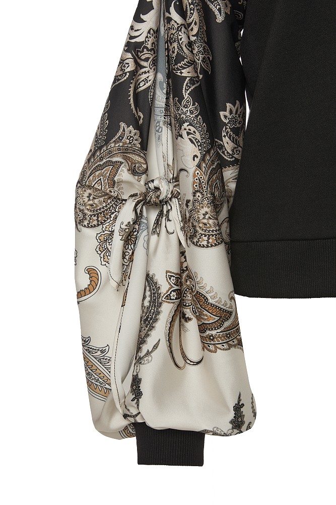 Sweater with printed satin sleeves