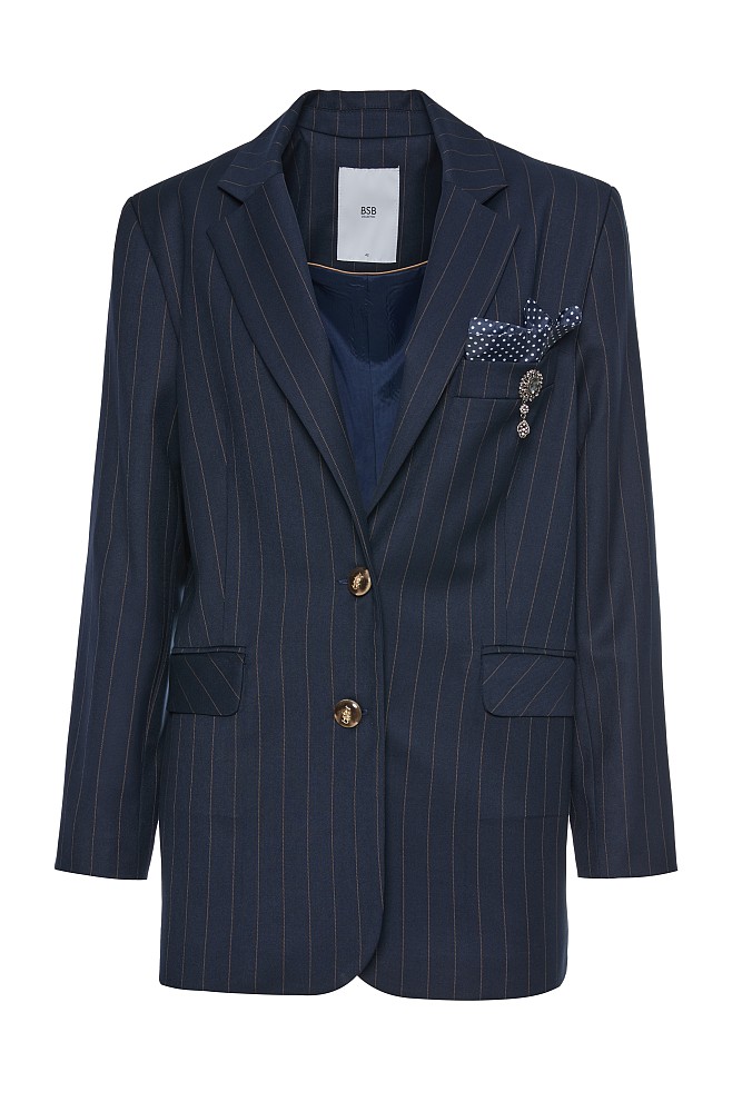 Striped blazer with bejeweled pin