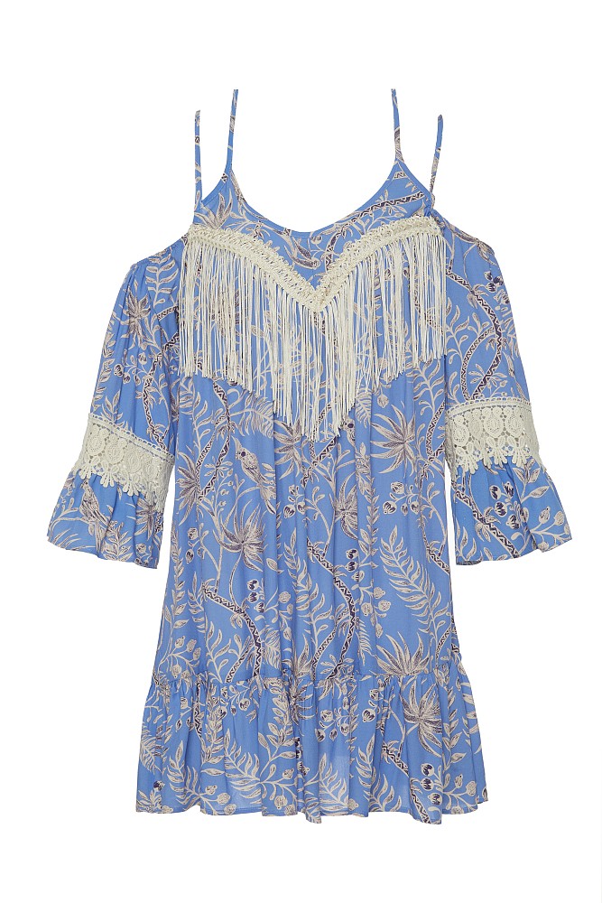 Vestido mini estampado con detalles de flecos y volantes