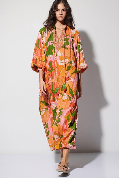 Printed long kaftan with beads