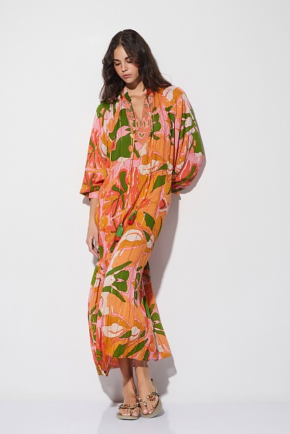 Printed long kaftan with beads