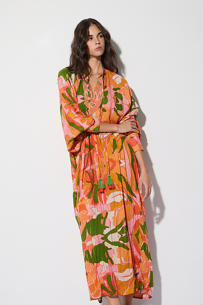 Printed long kaftan with beads