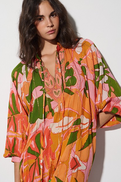 Printed long kaftan with beads