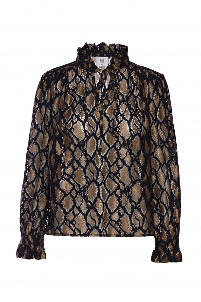 Animal-print blouse with lace and shoulder pads
