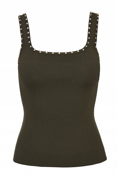 Sleeveless ribbed top with rhinestones