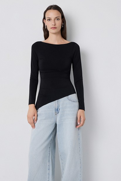 Asymmetric long-sleeve blouse