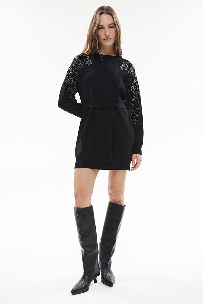 Mini knitted dress with embroidered sleeve details
