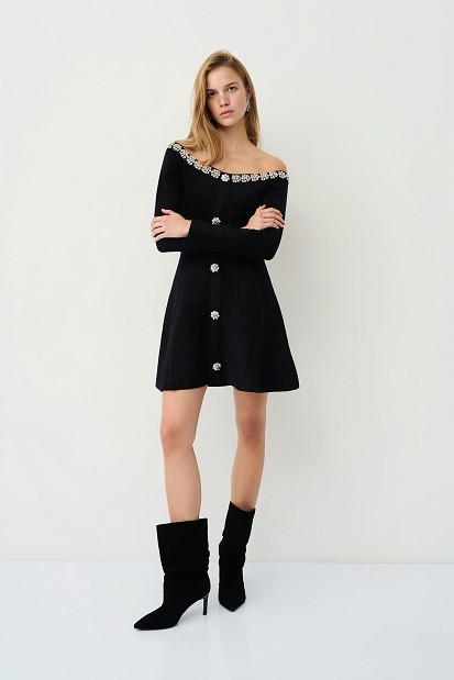Off-shoulders mini dress with embellished stones and crystals