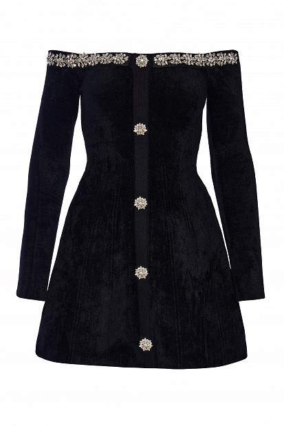 Off-shoulders mini dress with embellished stones and crystals