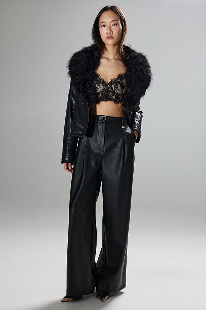 Leather-look wide-leg trousers with pleats