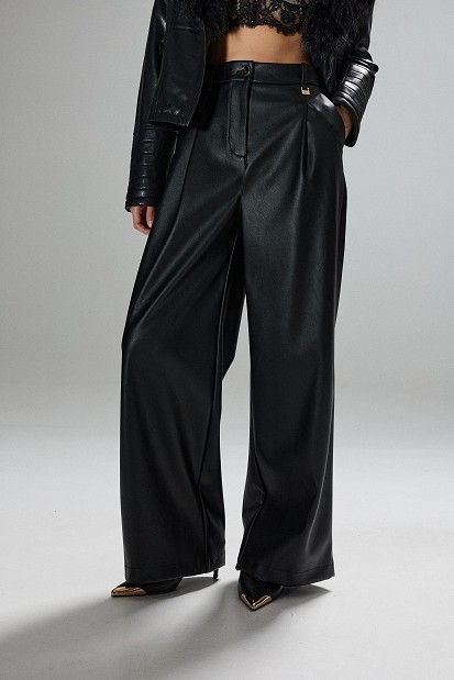 Leather-look wide-leg trousers with pleats