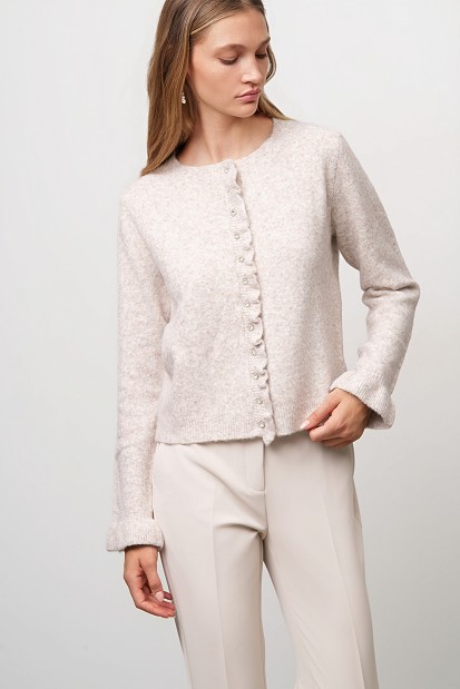 Knitted cardigan with jewel buttons and ruffles