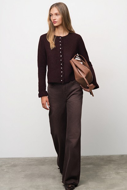 Knitted cardigan with jewel buttons and ruffles