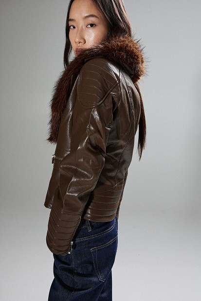 Leather-look jacket with fur collar