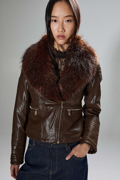 Leather-look jacket with fur collar