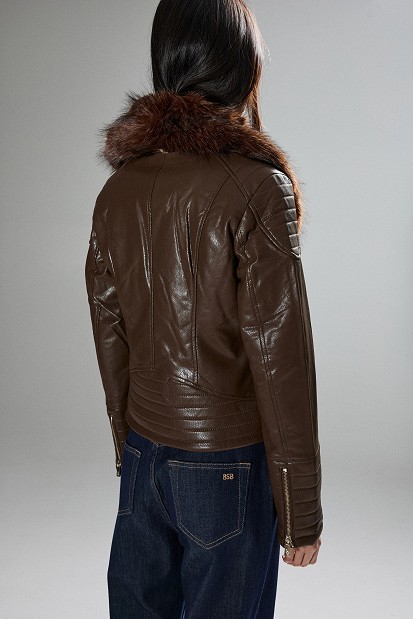 Leather-look jacket with fur collar