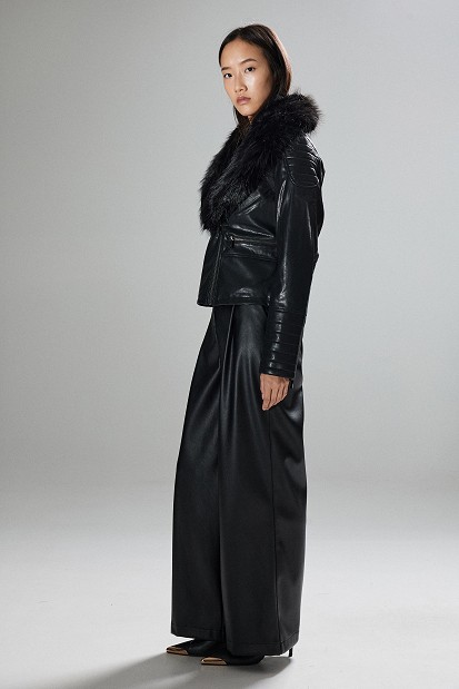 Leather-look jacket with fur collar
